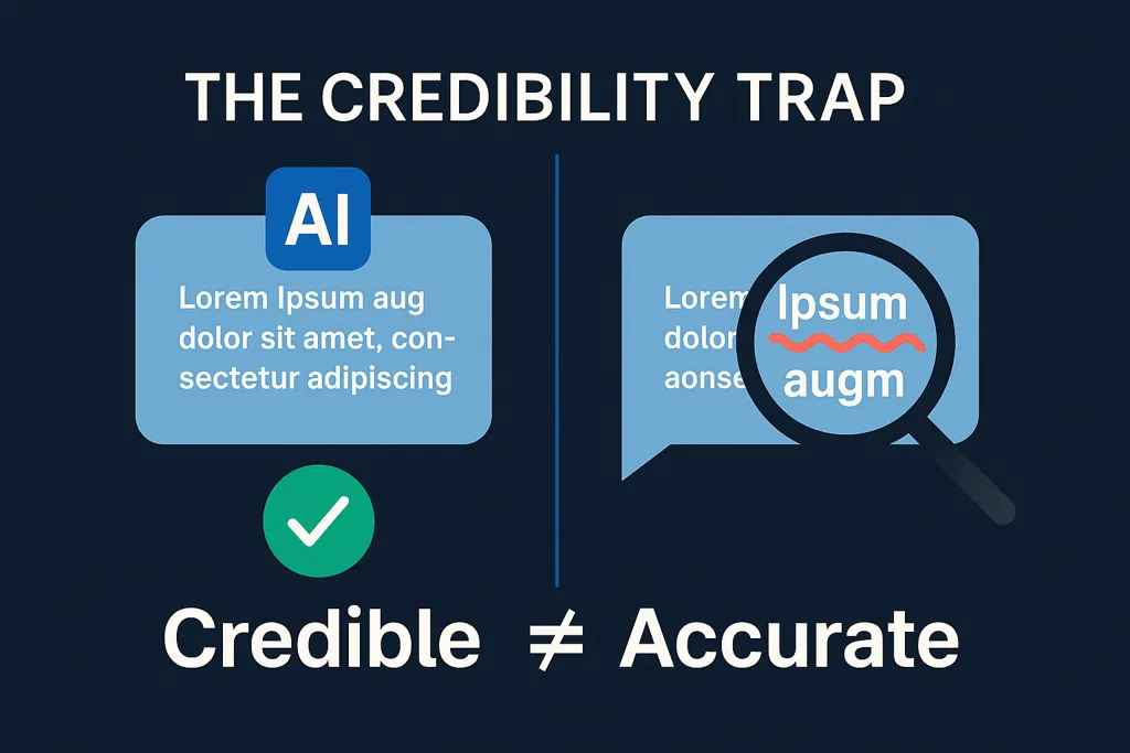 The Future of Responsible AI is Human-Guided A graphic labeled "The Credibility Trap". On the left, an AI-labeled block of lorum ipsum text marked "credible." On the right, that same text zoomed in to show errors. Beneath a caption reads "Credible does not equal Accurate"