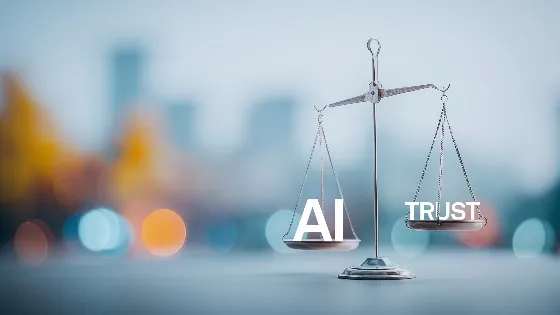 A set of scales on a table. The left side of the scale holds the word "AI," which is weighted slightly more than the right side, which contains the word "Trust"