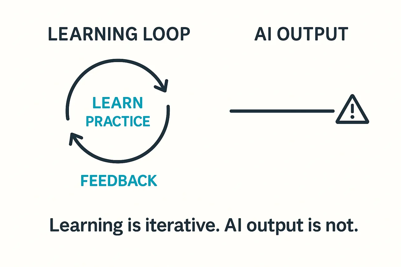 2 column Image: Left column: "Learning Loop" - shows the words "learn," "practice," and "feedback" in a revolving circle. Right column: "AI Output" - shows a straight line ending in a warning icon. Beneath a caption reads "Learning is iterative. AI output is not."