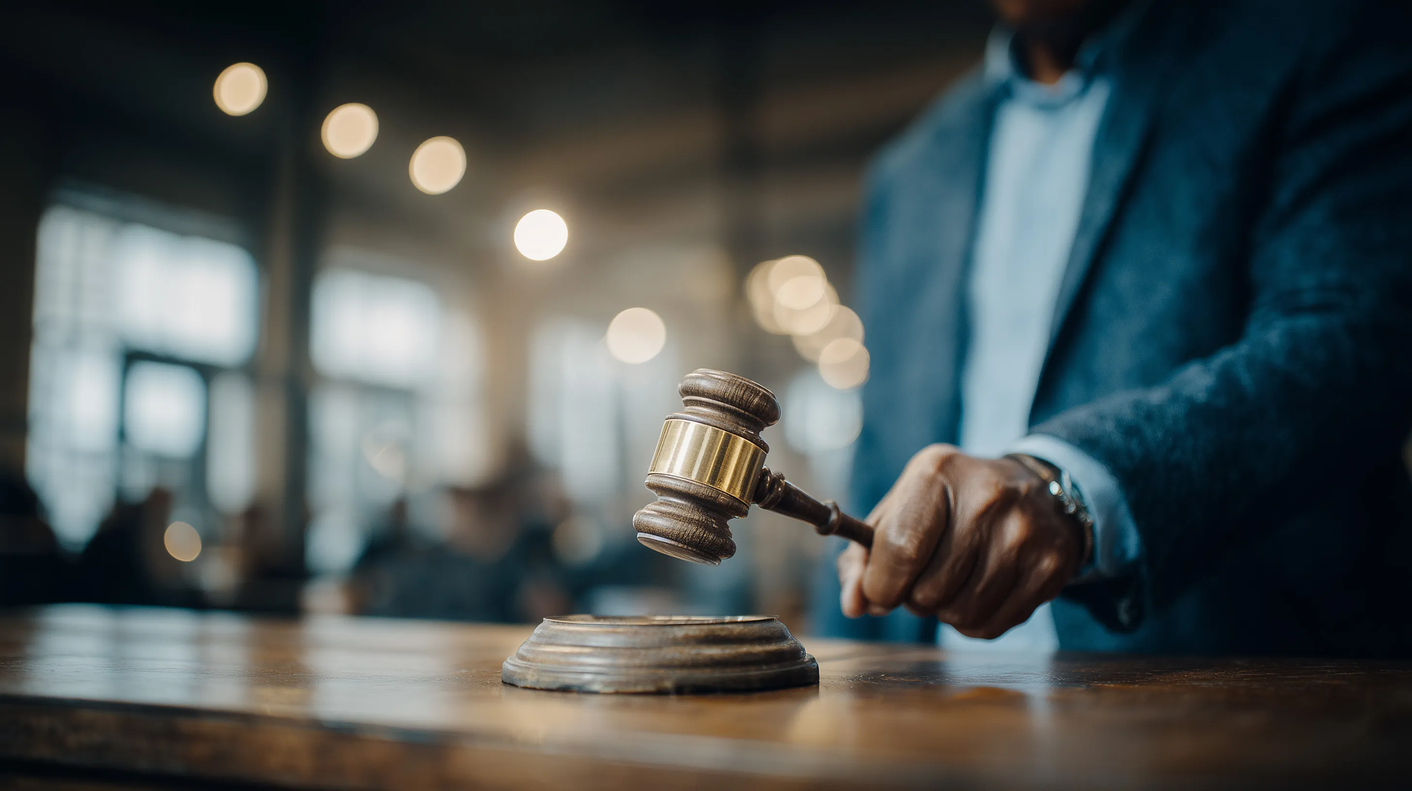 close up of a man&#x27;s hand striking a gavel on a table
